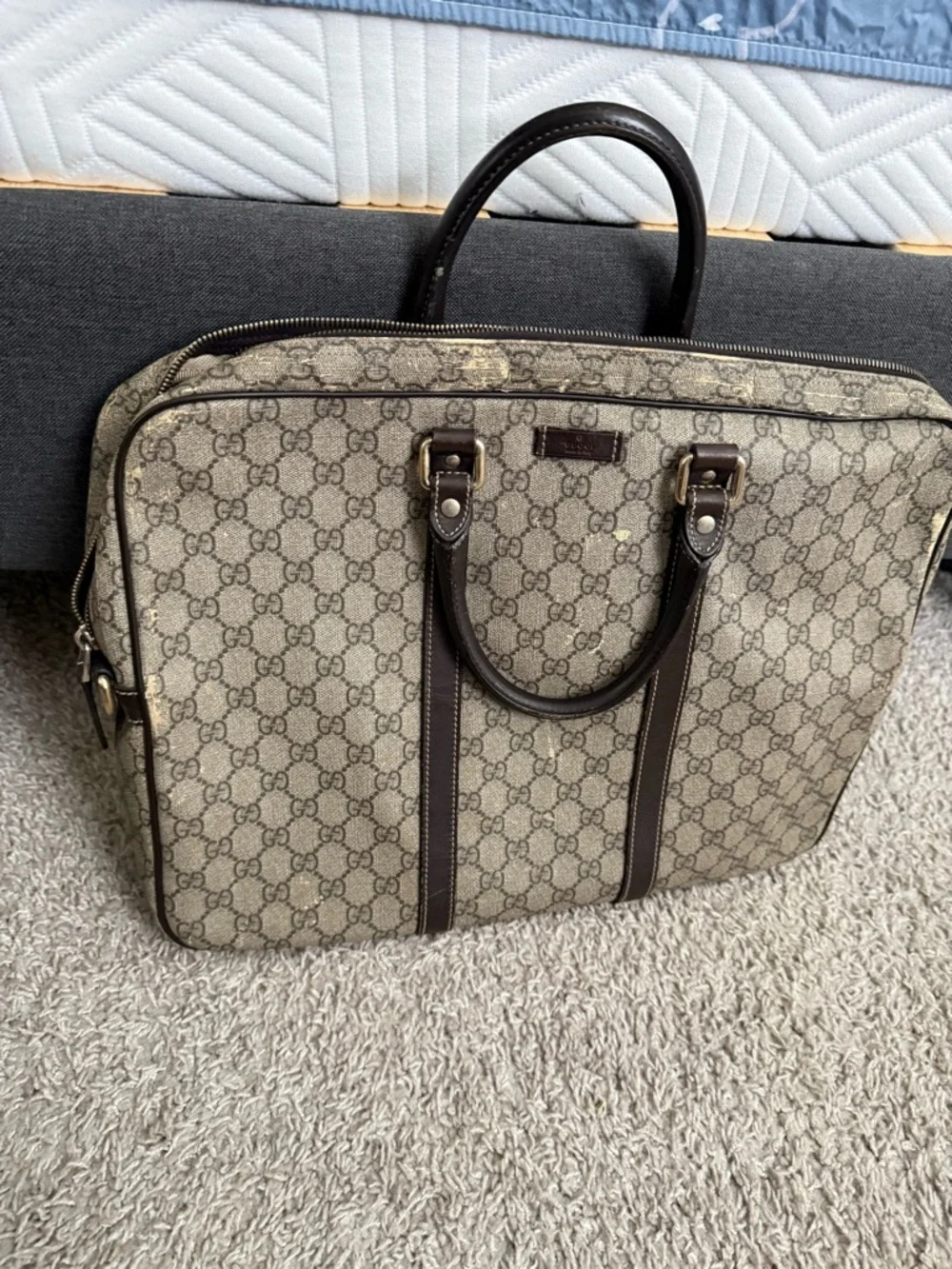 Gucci Beige Monogram Canvas Laptop Briefcase with Brown Trim